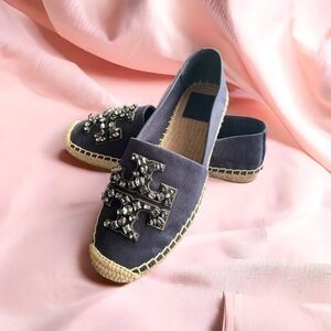TORY BURCH Ines Embellished Logo Espadrille Flats Navy Canvas Size 5.5 NIB